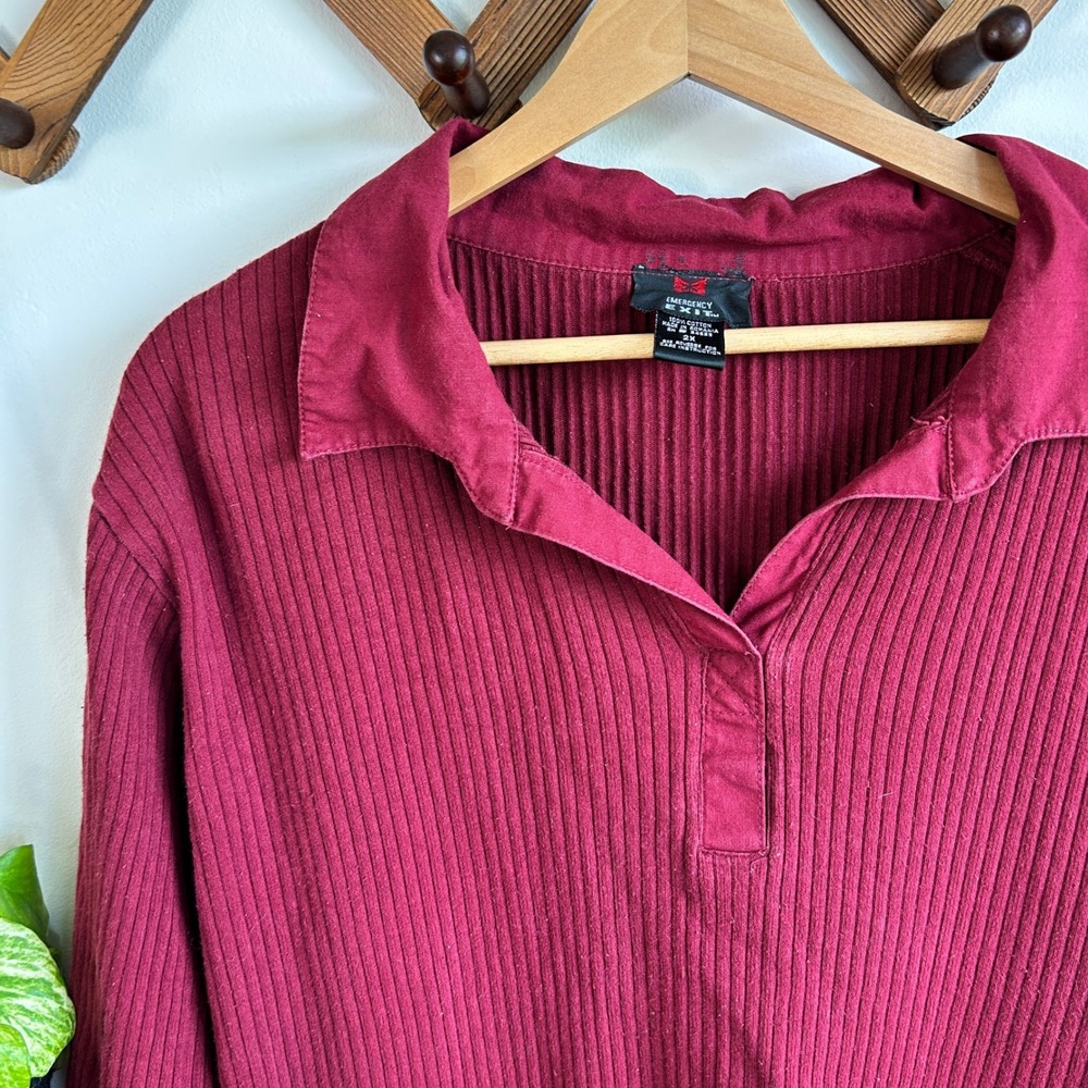 Emergency Exit Womens 2X Burgundy Ribbed Cotton Long Sleeve Polo Top 178577